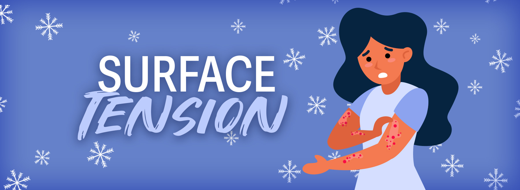 Visual representation of surface tension, highlighting its role in liquid cohesion, linked to cold-induced skin rashes.